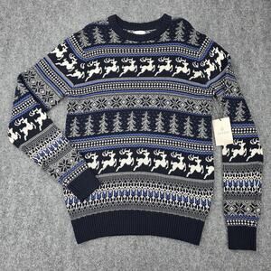 Aspen Sweater Mens Small Blue Fair Isle Reindeer Crewneck Cotton Knit Holiday